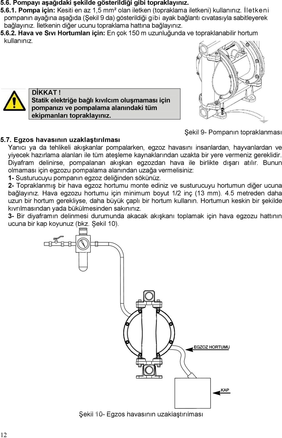 Hava ve Sıvı Hortumları için: En çok 150 m uzunluğunda ve topraklanabilir hortum kullanınız. DİKKAT!