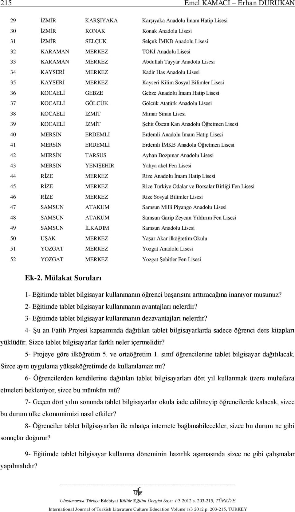 Lisesi 37 KOCAELİ GÖLCÜK Gölcük Atatürk Anadolu Lisesi 38 KOCAELİ İZMİT Mimar Sinan Lisesi 39 KOCAELİ İZMİT Şehit Özcan Kan Anadolu Öğretmen Lisesi 40 MERSİN ERDEMLİ Erdemli Anadolu İmam Hatip Lisesi