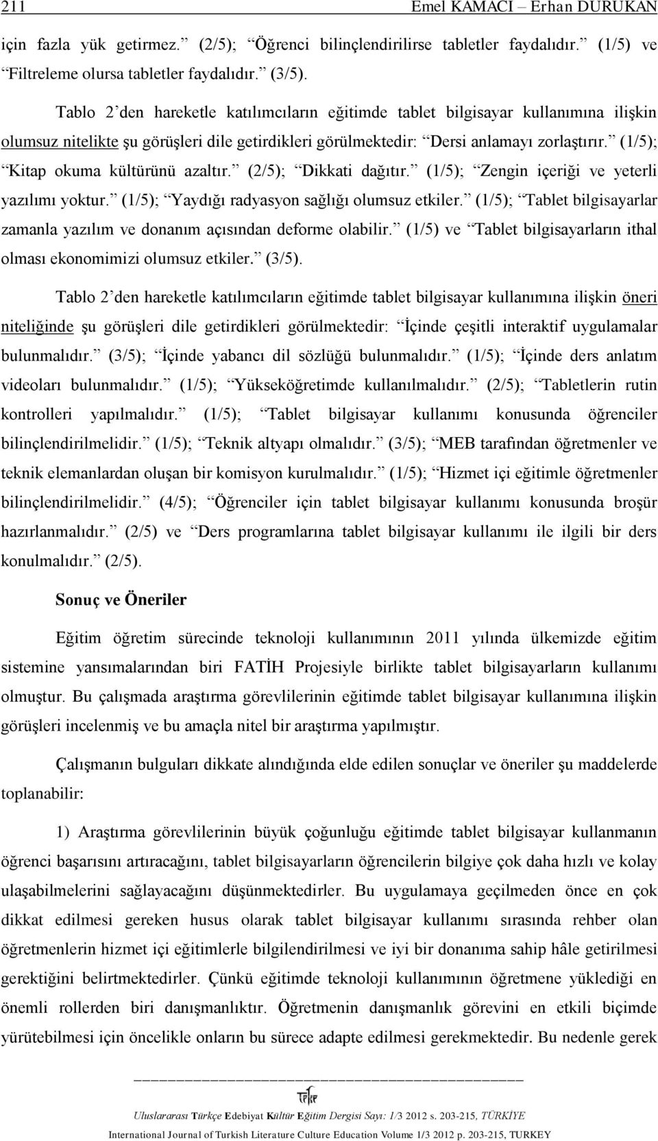 (1/5); Kitap okuma kültürünü azaltır. (2/5); Dikkati dağıtır. (1/5); Zengin içeriği ve yeterli yazılımı yoktur. (1/5); Yaydığı radyasyon sağlığı olumsuz etkiler.