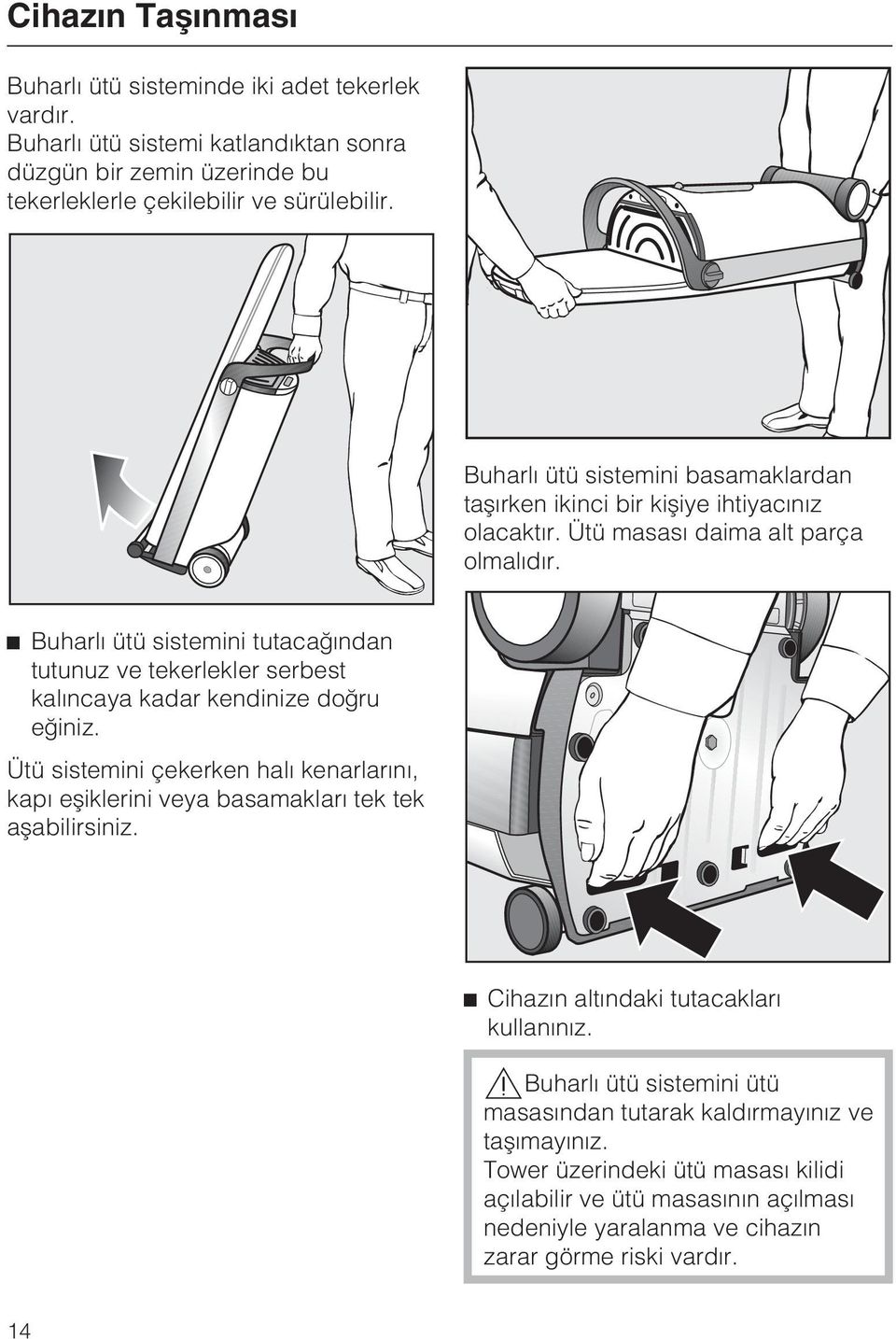 Buharlý ütü sistemini tutacaðýndan tutunuz ve tekerlekler serbest kalýncaya kadar kendinize doðru eðiniz.