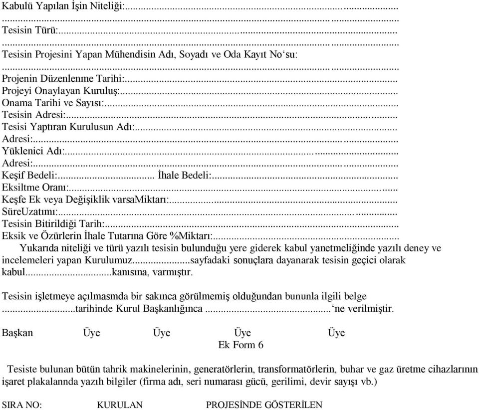 .. Keşfe Ek veya Değişiklik varsamiktarı:... SüreUzatımı:... Tesisin Bitirildiği Tarih:... Eksik ve Özürlerin İhale Tutarına Göre %Miktarı:.