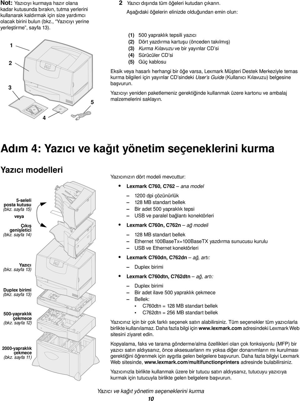 Aşağıdaki öğelerin elinizde olduğundan emin olun: (1) 500 yapraklık tepsili yazıcı (2) Dört yazdırma kartuşu (önceden takılmış) (3) Kurma Kılavuzu ve bir yayınlar CD si (4) Sürücüler CD si (5) Güç