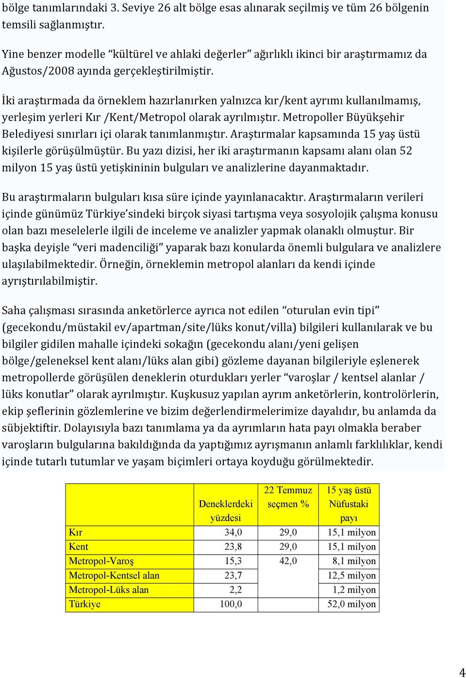 İki araştırmada da örneklem hazırlanırken yalnızca kır/kent ayrımı kullanılmamış, yerleşim yerleri Kır /Kent/Metropol olarak ayrılmıştır.