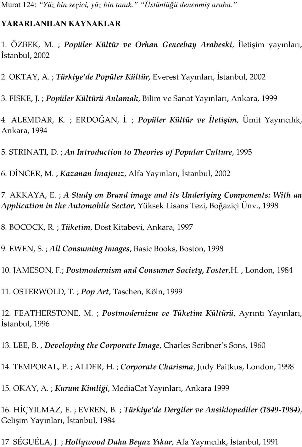 ; Popüler Kültür ve İletişim, Ümit Yayıncılık, Ankara, 1994 5. STRINATI, D. ; An Introduction to Theories of Popular Culture, 1995 6. DİNCER, M. ; Kazanan İmajınız, Alfa Yayınları, İstanbul, 2002 7.