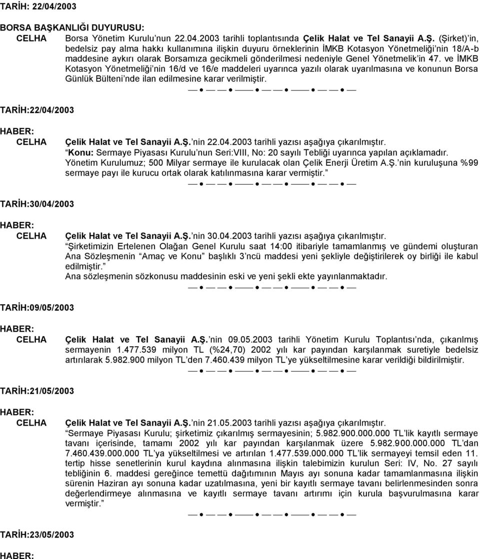 (ġirket) in, bedelsiz pay alma hakkı kullanımına iliģkin duyuru örneklerinin ĠMKB Kotasyon Yönetmeliği nin 18/A-b maddesine aykırı olarak Borsamıza gecikmeli gönderilmesi nedeniyle Genel Yönetmelik