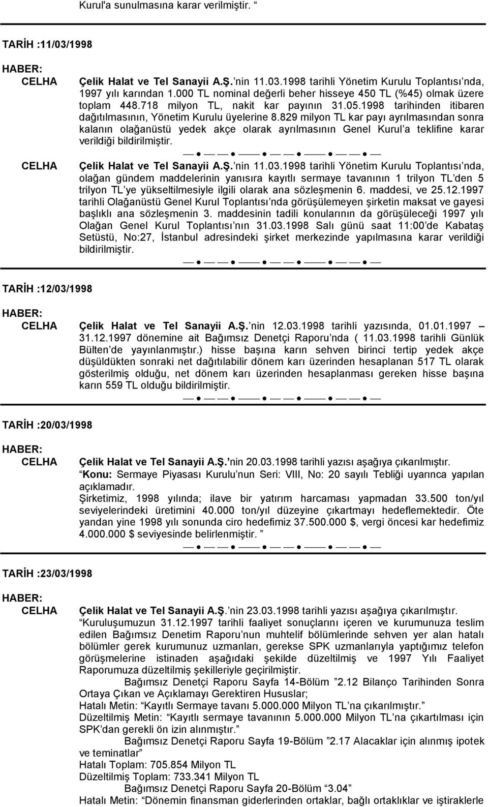 829 milyon TL kar payı ayrılmasından sonra kalanın olağanüstü yedek akçe olarak ayrılmasının Genel Kurul a teklifine karar verildiği bildirilmiģtir. Çelik Halat ve Tel Sanayii A.ġ. nin 11.03.