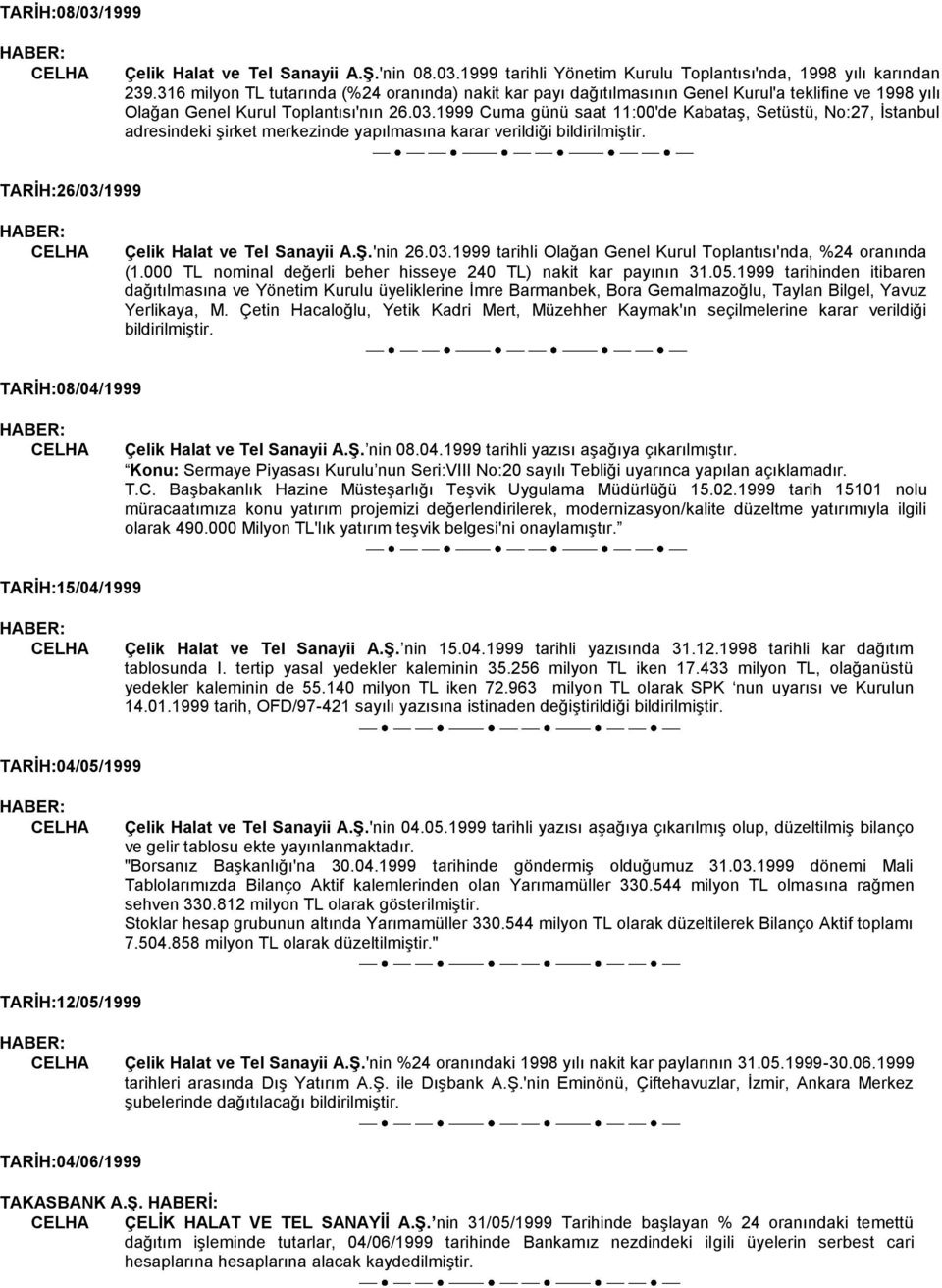 1999 Cuma günü saat 11:00'de KabataĢ, Setüstü, :27, Ġstanbul adresindeki Ģirket merkezinde yapılmasına karar verildiği bildirilmiģtir. TARĠH:26/03/