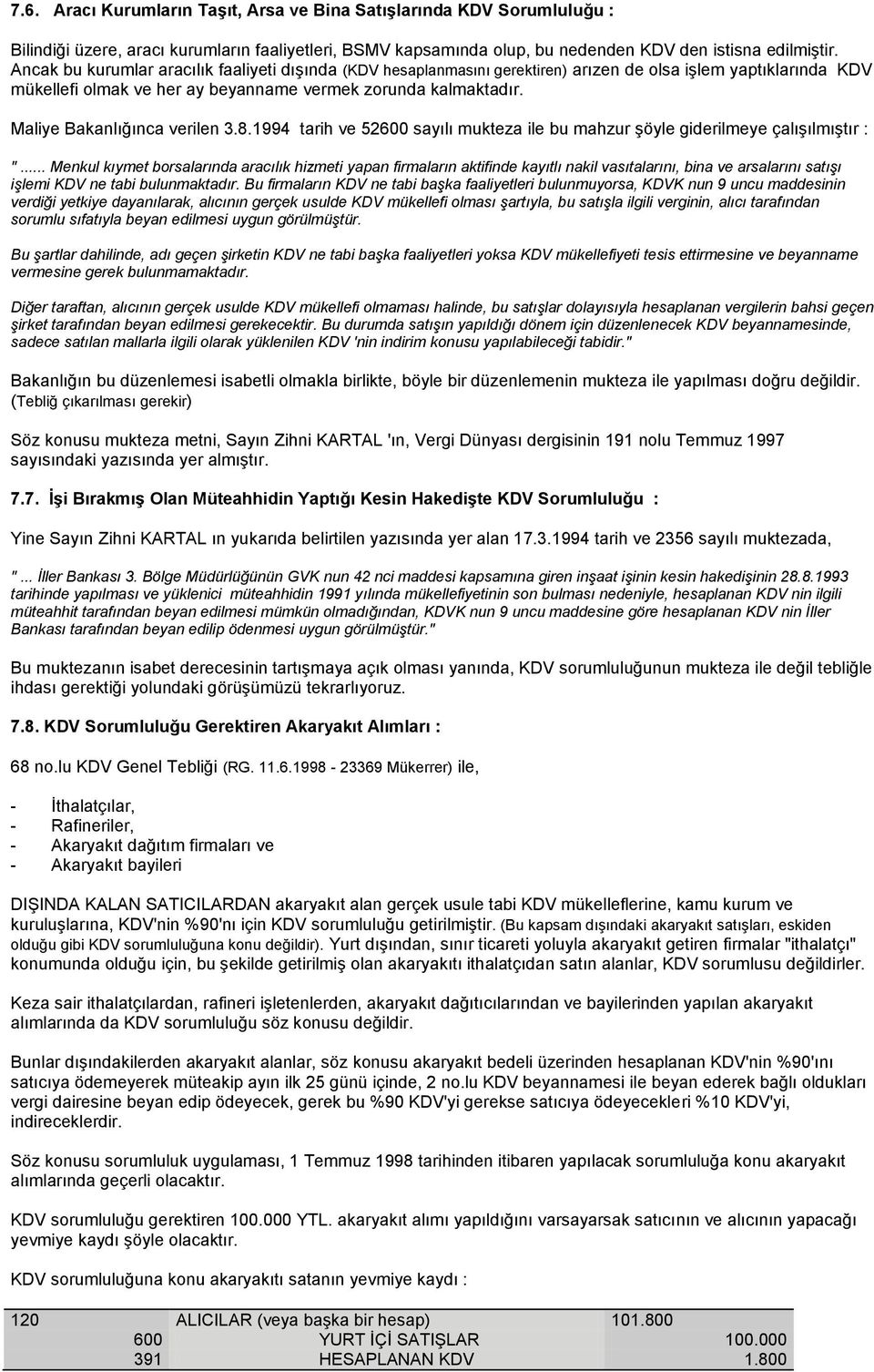 Maliye Bakanlığınca verilen 3.8.1994 tarih ve 52600 sayılı mukteza ile bu mahzur Ģöyle giderilmeye çalıģılmıģtır : ".