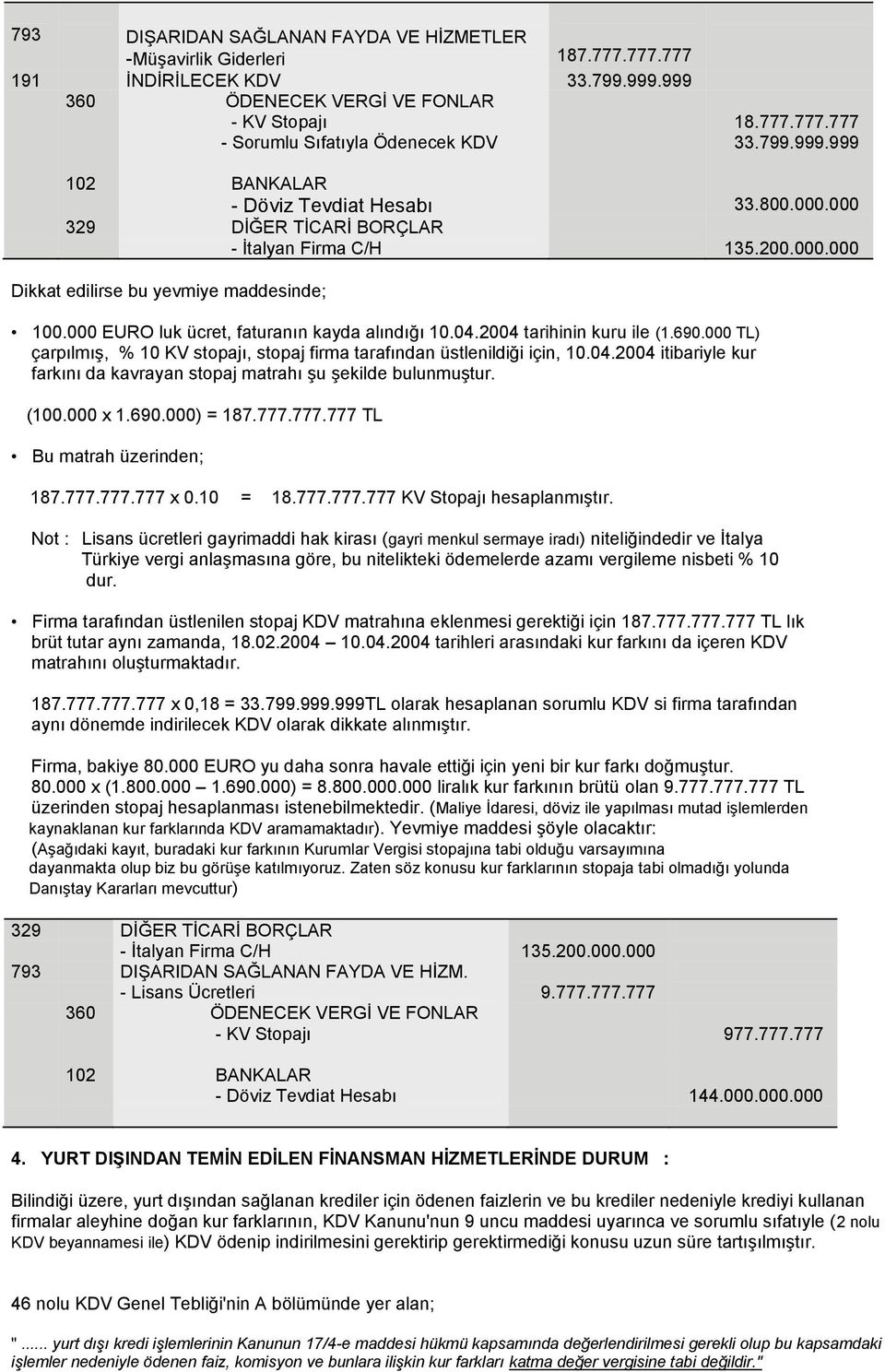 000 EURO luk ücret, faturanın kayda alındığı 10.04.2004 tarihinin kuru ile (1.690.000 TL) çarpılmıģ, % 10 KV stopajı, stopaj firma tarafından üstlenildiği için, 10.04.2004 itibariyle kur farkını da kavrayan stopaj matrahı Ģu Ģekilde bulunmuģtur.