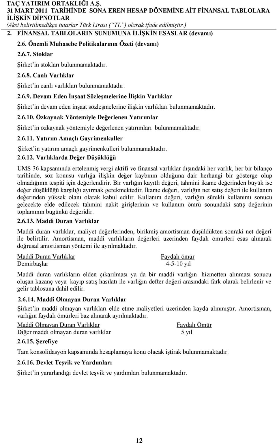 Özkaynak Yöntemiyle Değerlenen Yatırımlar Şirket in özkaynak yöntemiyle değerlenen yatırımları bulunmamaktadır. 2.6.11.