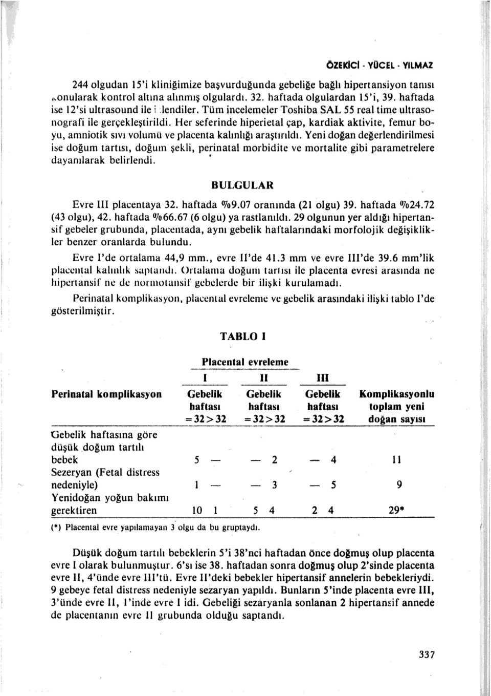 Her seferinde hiperietal çap, kardiak aktivite, femur boyu, amniotik sıvı volumü ve placenta kalınlığı araştırıldı.