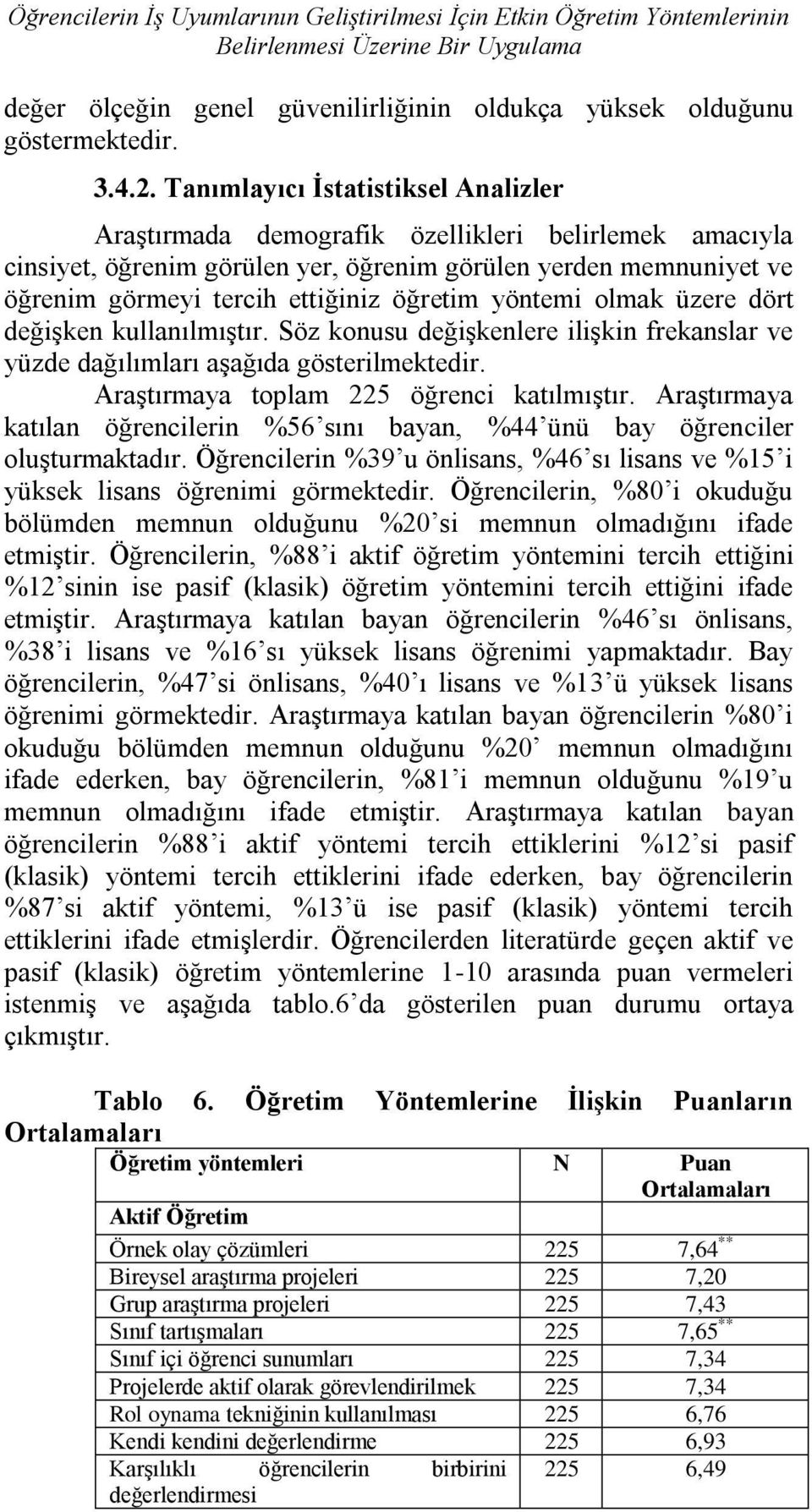 yöntemi olmak üzere dört değiģken kullanılmıģtır. Söz konusu değiģkenlere iliģkin frekanslar ve yüzde dağılımları aģağıda gösterilmektedir. AraĢtırmaya toplam 225 öğrenci katılmıģtır.