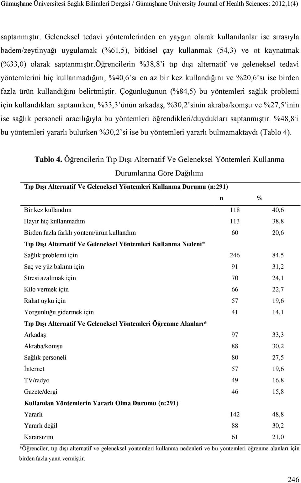 dışı alternatif ve geleneksel tedavi yöntemlerini hiç kullanmadığını, %40,6 sı en az bir kez kullandığını ve %20,6 sı ise birden fazla ürün kullandığını belirtmiştir.