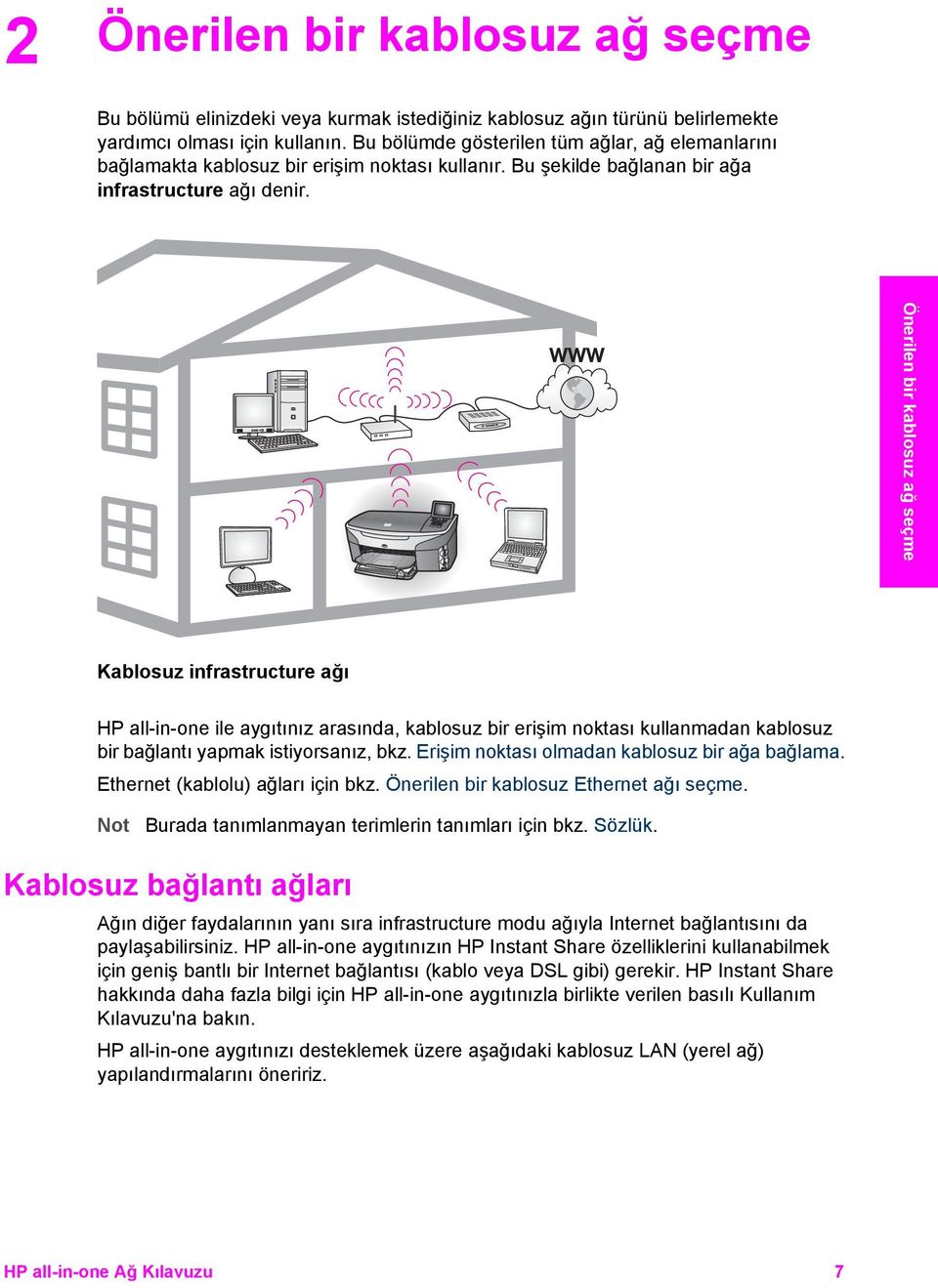 Önerilen bir kablosuz ağ seçme Kablosuz infrastructure ağı HP all-in-one ile aygıtınız arasında, kablosuz bir erişim noktası kullanmadan kablosuz bir bağlantı yapmak istiyorsanız, bkz.