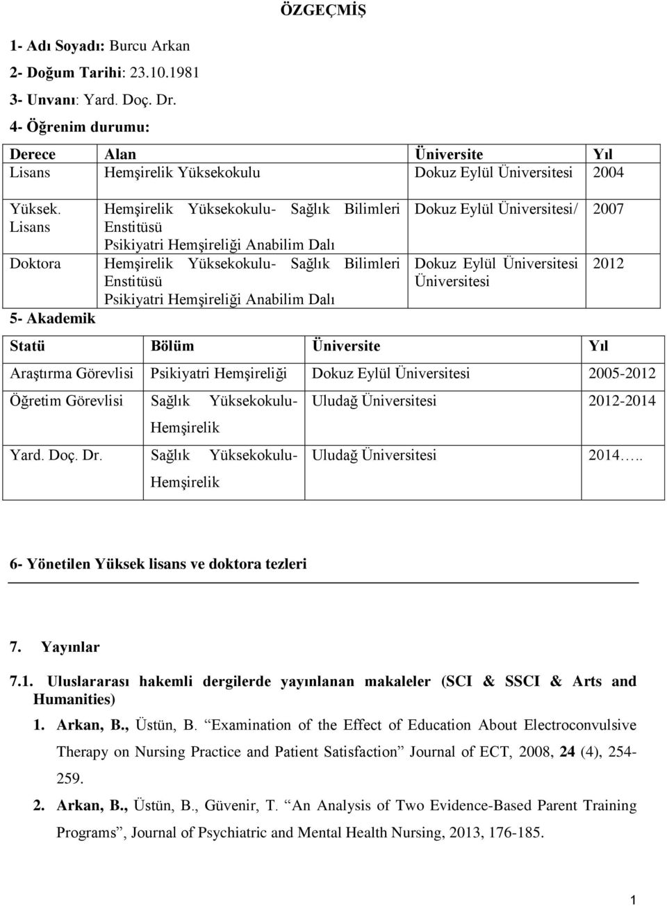 Lisans Doktora 5- Akademik Hemşirelik Yüksekokulu- Sağlık Bilimleri Enstitüsü Psikiyatri Hemşireliği Anabilim Dalı Hemşirelik Yüksekokulu- Sağlık Bilimleri Enstitüsü Psikiyatri Hemşireliği Anabilim