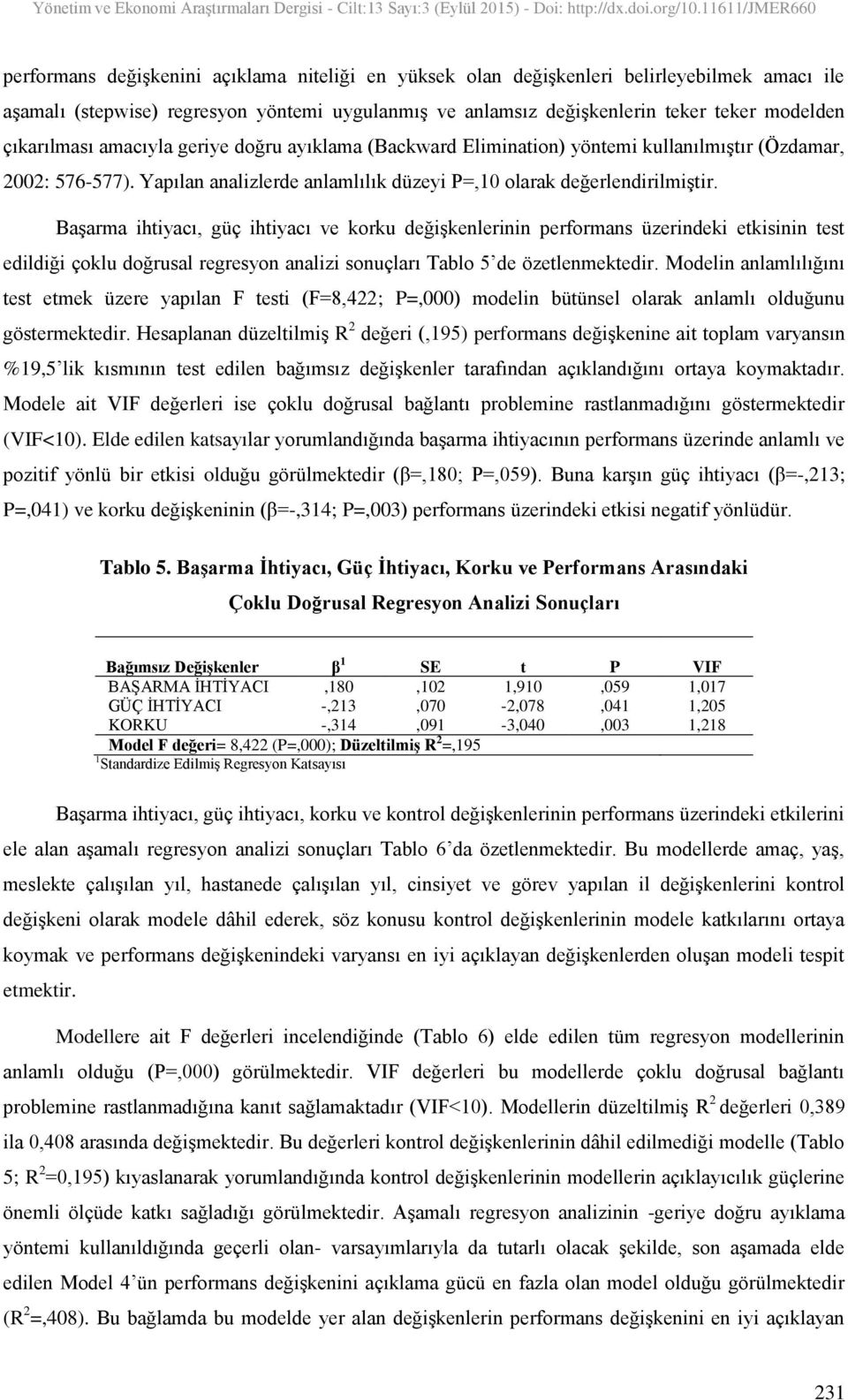 BaĢarma ihtiyacı, güç ihtiyacı ve korku değiģkenlerinin performans üzerindeki etkisinin test edildiği çoklu doğrusal regresyon analizi sonuçları Tablo 5 de özetlenmektedir.