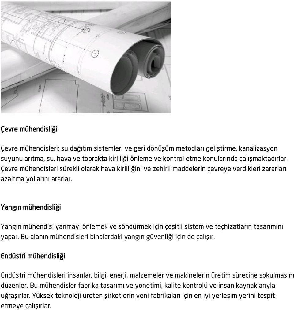 Yangın mühendisliği Yangın mühendisi yanmayı önlemek ve söndürmek için çeşitli sistem ve teçhizatların tasarımını yapar. Bu alanın mühendisleri binalardaki yangın güvenliği için de çalışır.