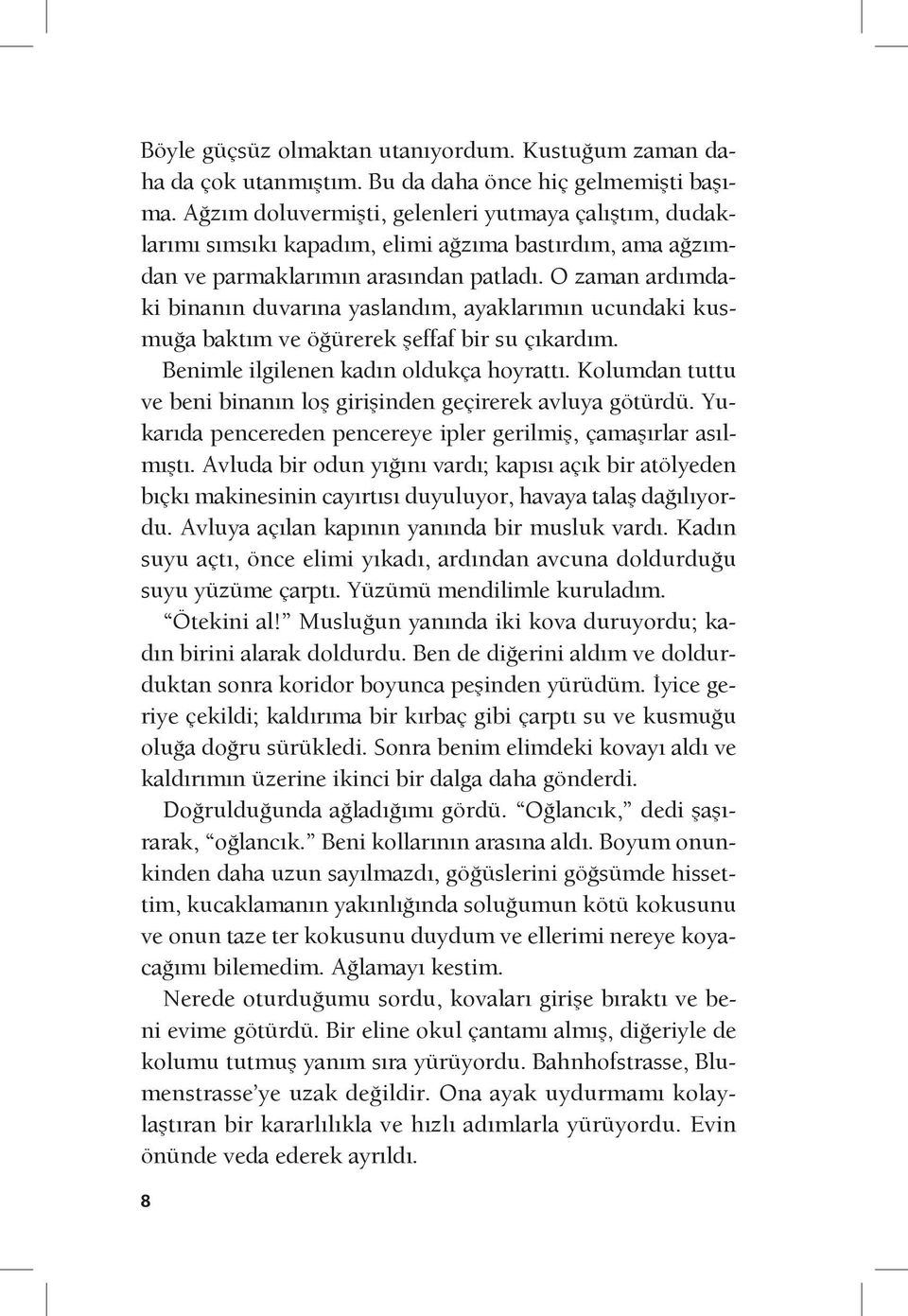 O zaman ardımdaki binanın duvarına yaslandım, ayaklarımın ucundaki kusmuğa baktım ve öğürerek şeffaf bir su çıkardım. Benimle ilgilenen kadın oldukça hoyrattı.