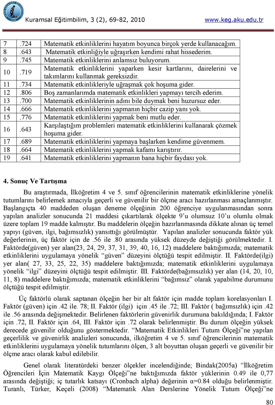 806 Boş zamanlarımda matematik etkinlikleri yapmayı tercih ederim. 13.700 Matematik etkinliklerinin adını bile duymak beni huzursuz eder. 14.