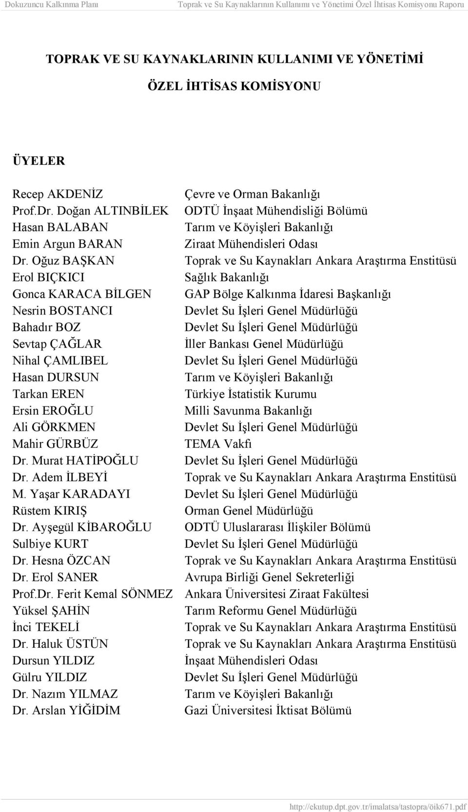 Oğuz BAŞKAN Toprak ve Su Kaynakları Ankara Araştırma Enstitüsü Erol BIÇKICI Sağlık Bakanlığı Gonca KARACA BİLGEN GAP Bölge Kalkınma İdaresi Başkanlığı Nesrin BOSTANCI Devlet Su İşleri Genel Müdürlüğü