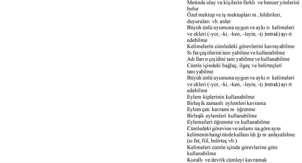 kullanabilme Adılların çeşidini tanıyabilme ve kullanabilme Cümle içindeki bağlaç, ilgeç ve belirteçleri tanıyabilme Büyük ünlü uyumuna uygun ve aykırı kelimeleri ve ekleri (-yor, -ki, -ken, -leyin,