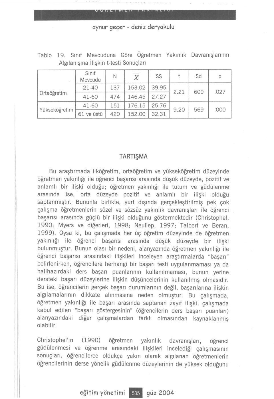 20 TARTISMA Bu arastrmada lkögretm, ortaögretm ve yüksekögretm düzeynde ögretmen yaknlg le ögrenc basars arasnda düsük düzeyde, poztf ve anlaml br lsk oldugu; ögretmen yaknlg le tutum ve güdülenme