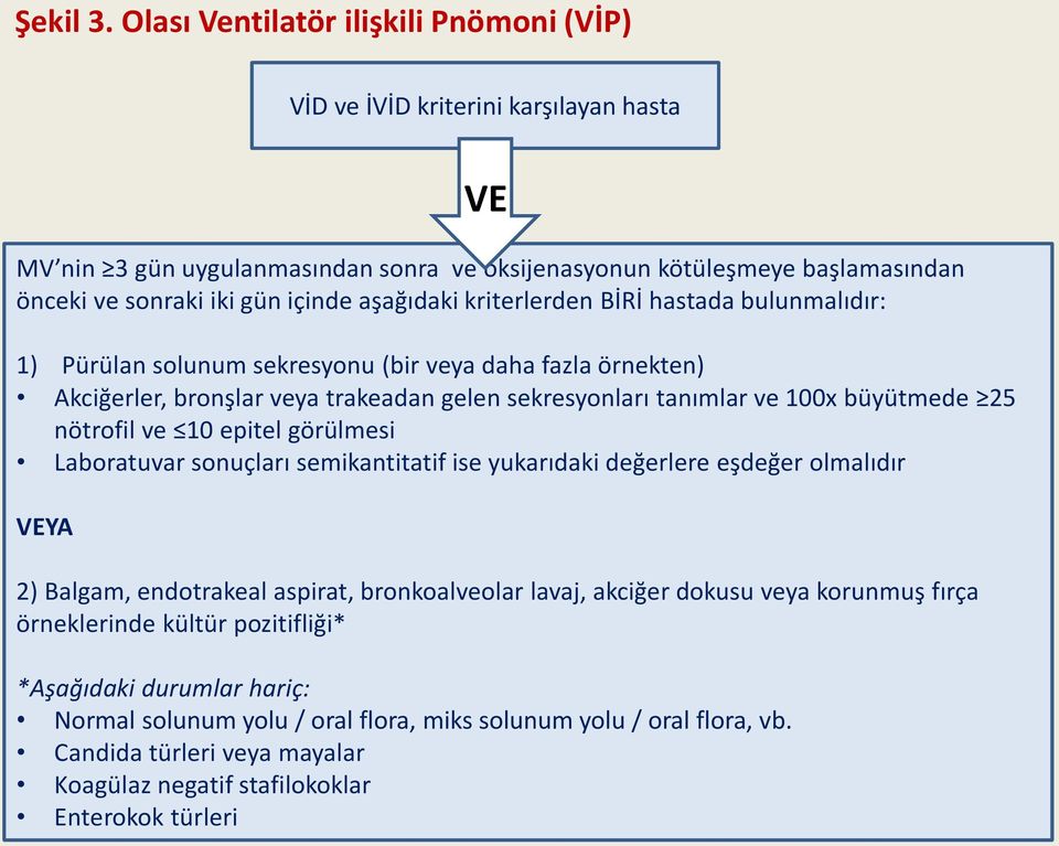 aşağıdaki kriterlerden BİRİ hastada bulunmalıdır: 1) Pürülan solunum sekresyonu (bir veya daha fazla örnekten) Akciğerler, bronşlar veya trakeadan gelen sekresyonları tanımlar ve 100x büyütmede 25