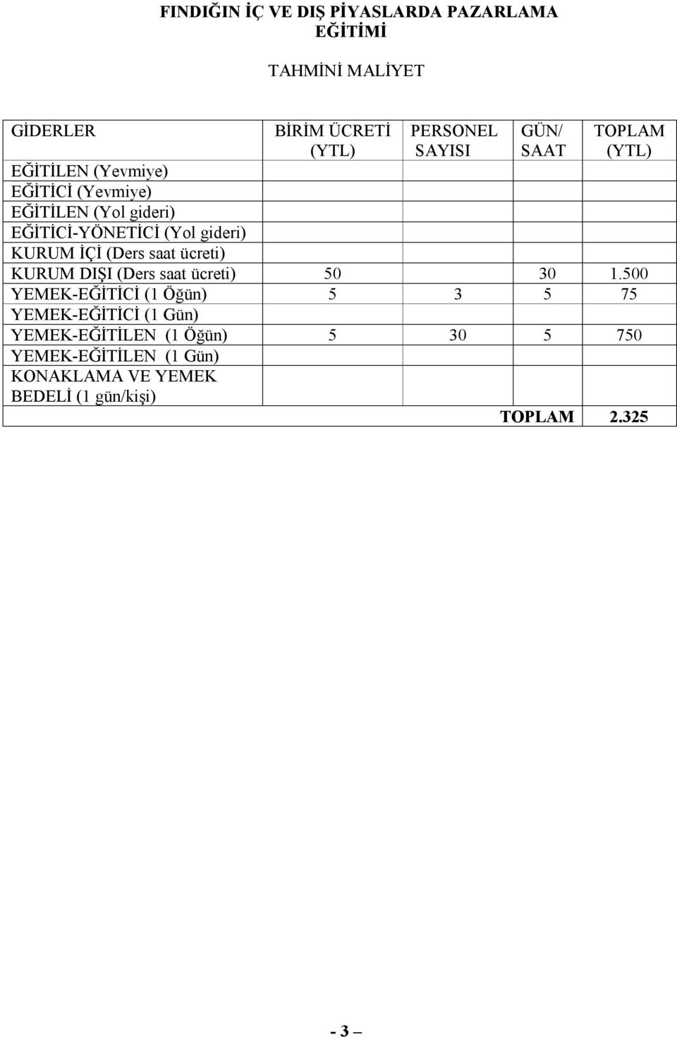 (Ders saat ücreti) KURUM DIŞI (Ders saat ücreti) 50 30 1.