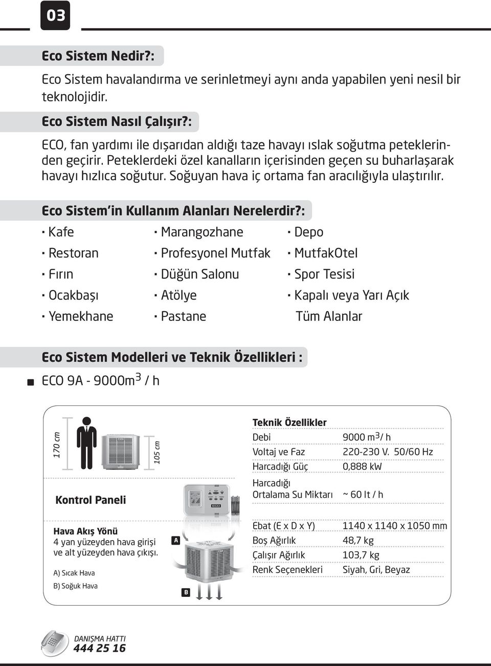 Soğuyan hava iç ortama fan aracılığıyla ulaştırılır. Eco Sistem in Kullanım Alanları Nerelerdir?:. Kafe. Marangozhane. Depo. Restoran. Profesyonel Mutfak. MutfakOtel. Fırın. Düğün Salonu. Spor Tesisi.