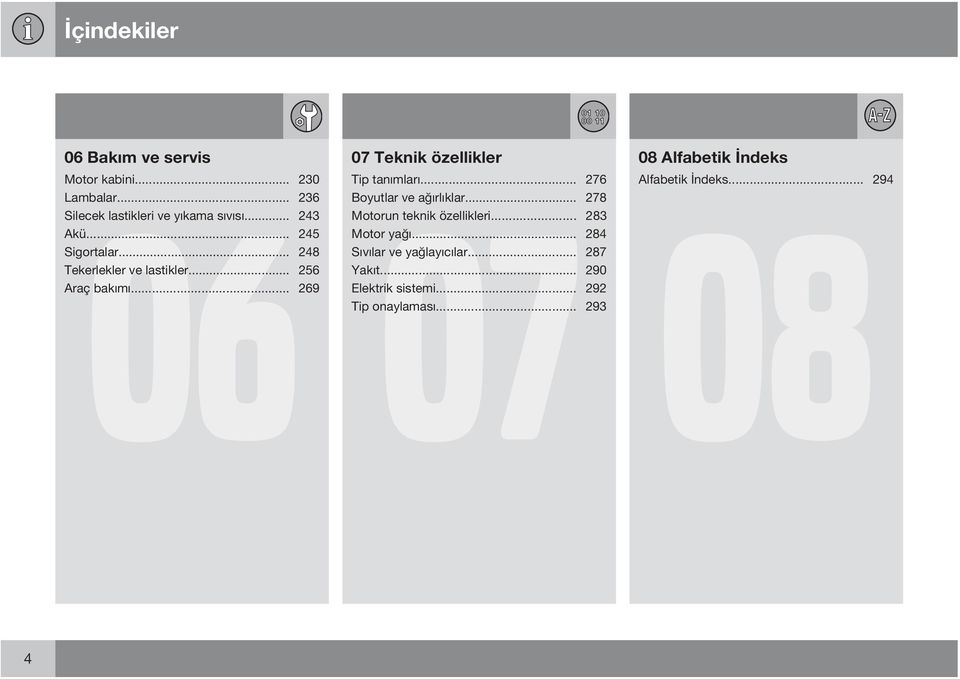 .. 276 Boyutlar ve ağırlıklar... 278 Motorun teknik özellikleri... 283 Motor yağı... 284 Sıvılar ve yağlayıcılar.