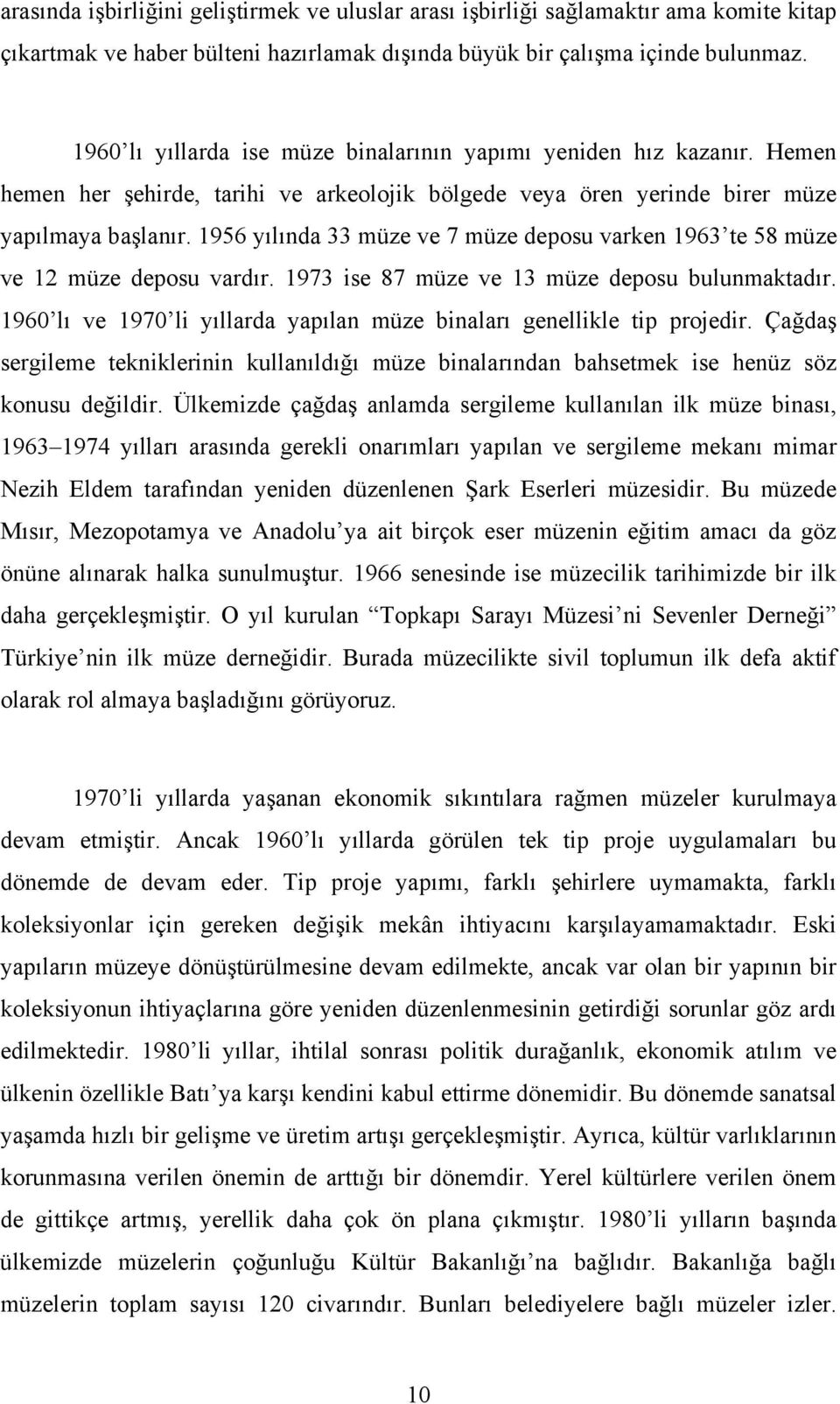 1956 yılında 33 müze ve 7 müze deposu varken 1963 te 58 müze ve 12 müze deposu vardır. 1973 ise 87 müze ve 13 müze deposu bulunmaktadır.