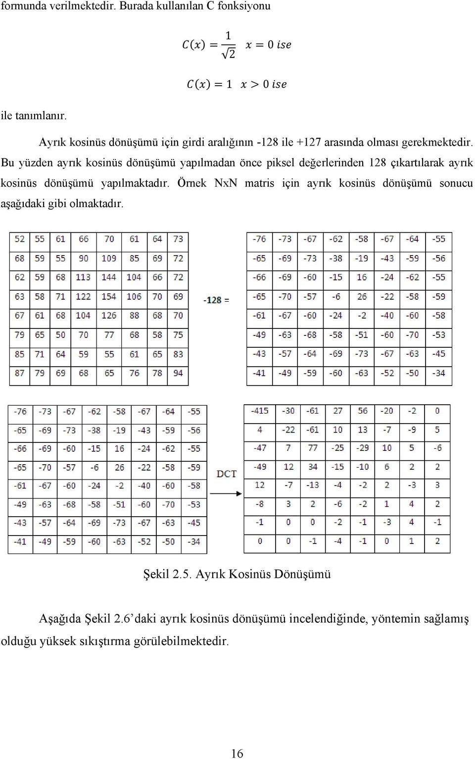 Bu yüzden ayrık kosinüs dönüşümü yapılmadan önce piksel değerlerinden 128 çıkartılarak ayrık kosinüs dönüşümü yapılmaktadır.