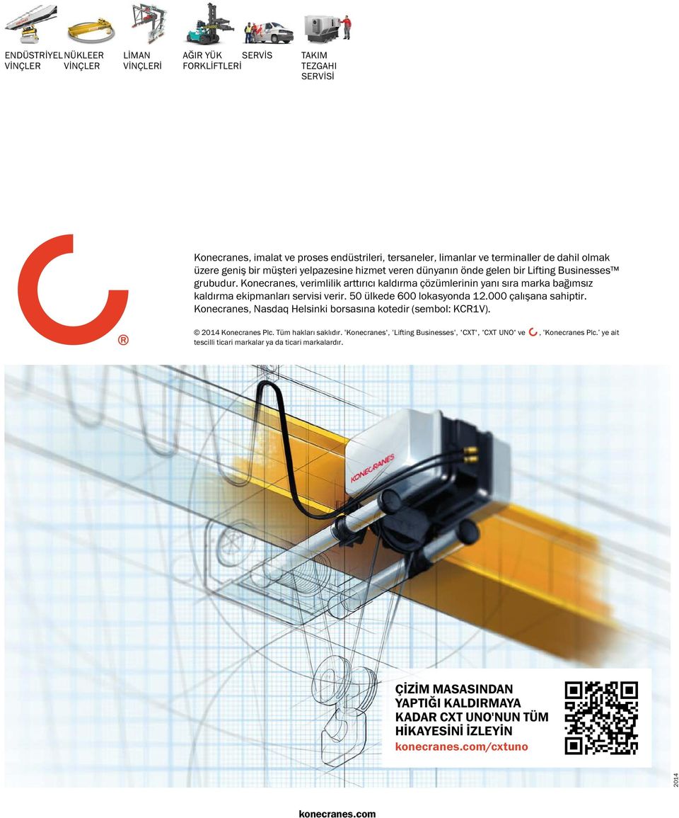 Konecranes, verimlilik arttırıcı kaldırma çözümlerinin yanı sıra marka bağımsız kaldırma ekipmanları servisi verir. 50 ülkede 600 lokasyonda 12.000 çalışana sahiptir.