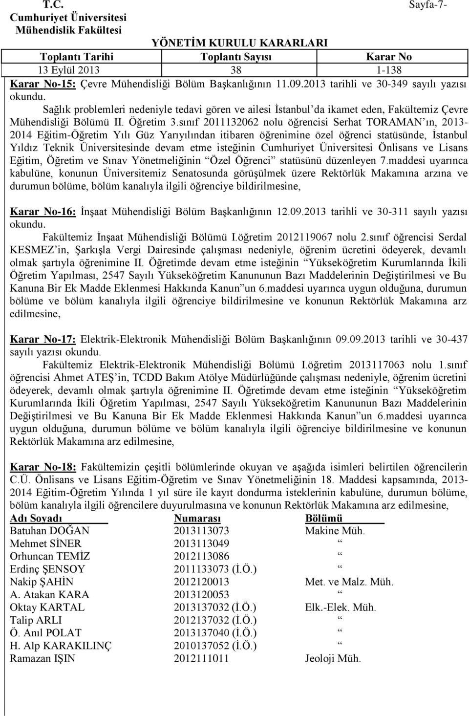 sınıf 2011132062 nolu öğrencisi Serhat TORAMAN ın, 2013-2014 Eğitim-Öğretim Yılı Güz Yarıyılından itibaren öğrenimine özel öğrenci statüsünde, Ġstanbul Yıldız Teknik Üniversitesinde devam etme