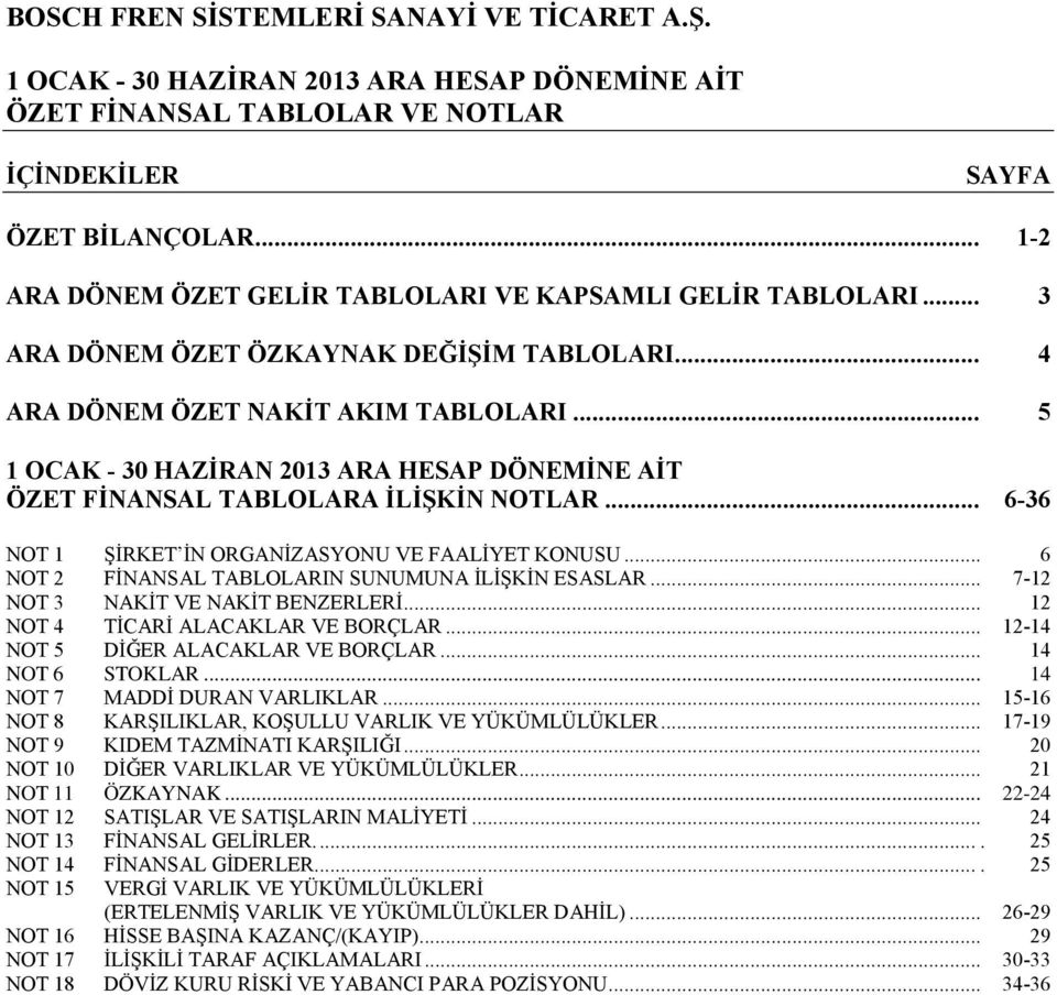 .. 6 NOT 2 FİNANSAL TABLOLARIN SUNUMUNA İLİŞKİN ESASLAR... 7-12 NOT 3 NAKİT VE NAKİT BENZERLERİ... 12 NOT 4 TİCARİ ALACAKLAR VE BORÇLAR... 12-14 NOT 5 DİĞER ALACAKLAR VE BORÇLAR... 14 NOT 6 STOKLAR.