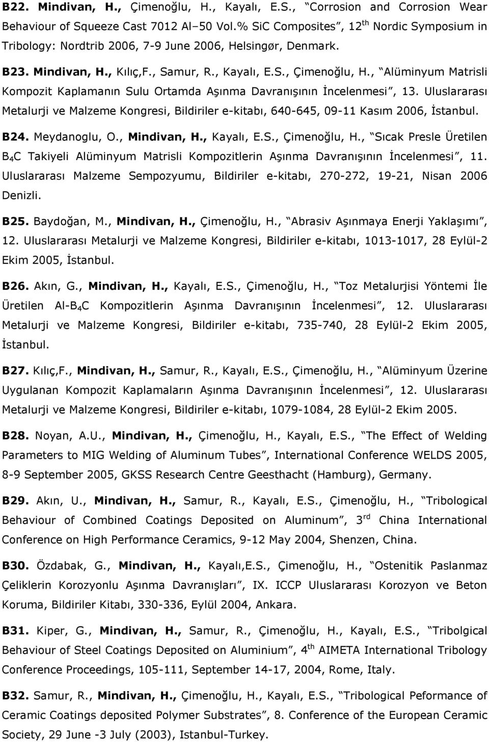 , Alüminyum Matrisli Kompozit Kaplamanın Sulu Ortamda Aşınma Davranışının İncelenmesi, 13. Uluslararası Metalurji ve Malzeme Kongresi, Bildiriler e-kitabı, 640-645, 09-11 Kasım 2006, İstanbul. B24.