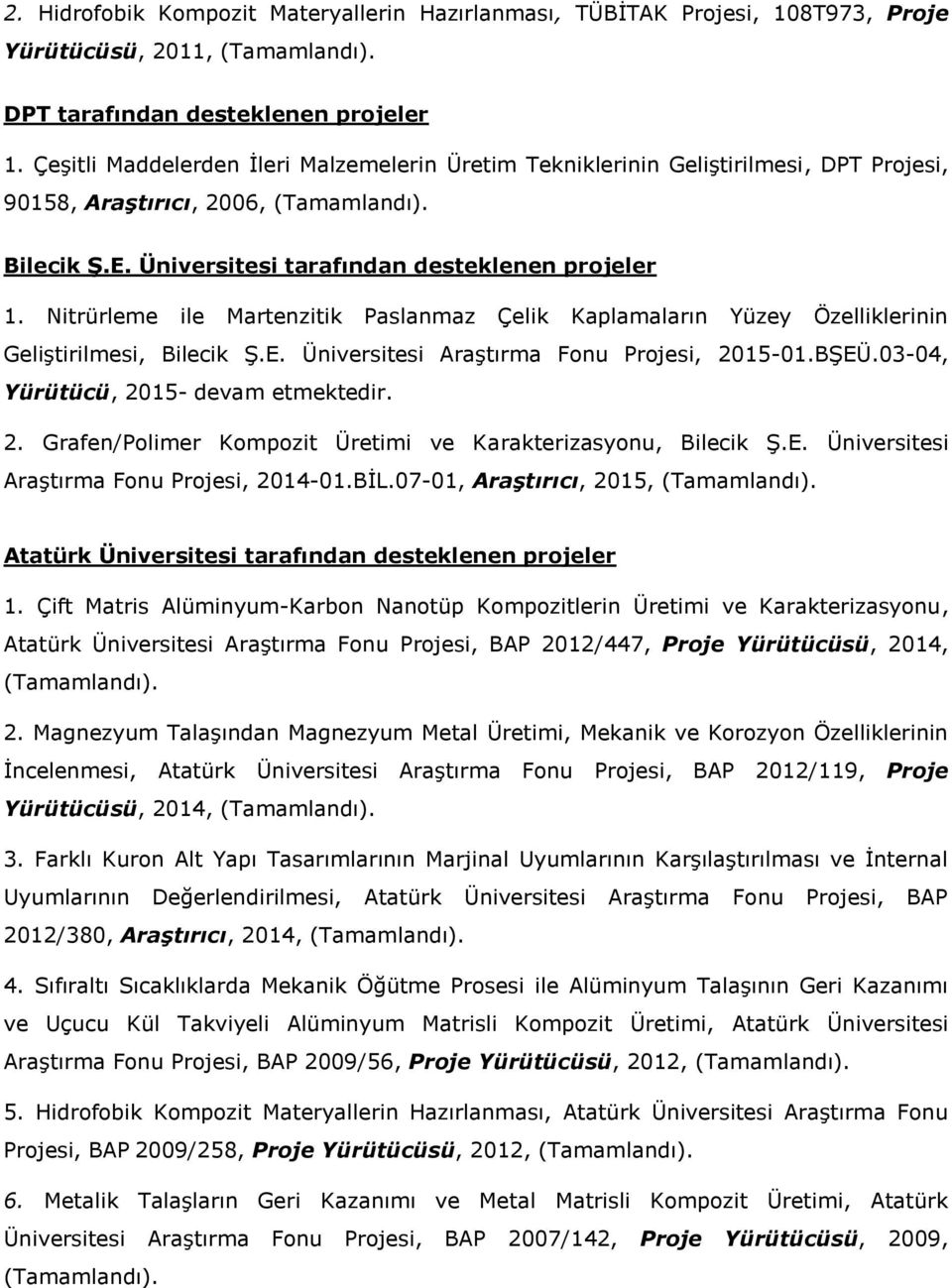 Nitrürleme ile Martenzitik Paslanmaz Çelik Kaplamaların Yüzey Özelliklerinin Geliştirilmesi, Bilecik Ş.E. Üniversitesi Araştırma Fonu Projesi, 20