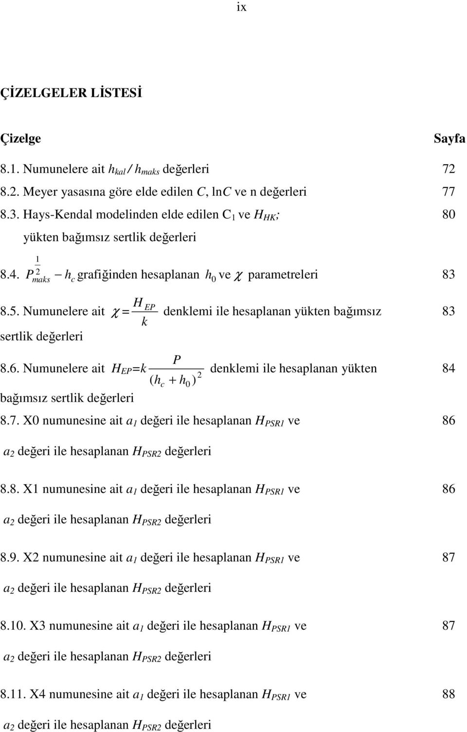 Numunelere ait χ = EP denklemi ile hesaplanan yükten bağımsız 83 k sertlik değerleri P 8.6. Numunelere ait H EP =k ( hc + h 0 ) bağımsız sertlik değerleri 2 denklemi ile hesaplanan yükten 84 8.7.