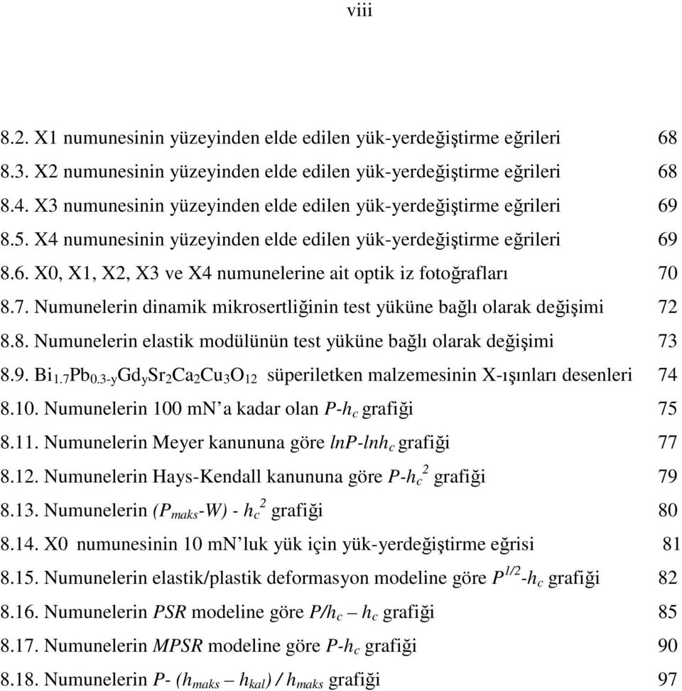 7. Numunelerin dinamik mikrosertliğinin test yüküne bağlı olarak değişimi 72 8.8. Numunelerin elastik modülünün test yüküne bağlı olarak değişimi 73 8.9. Bi 1.7 Pb 0.