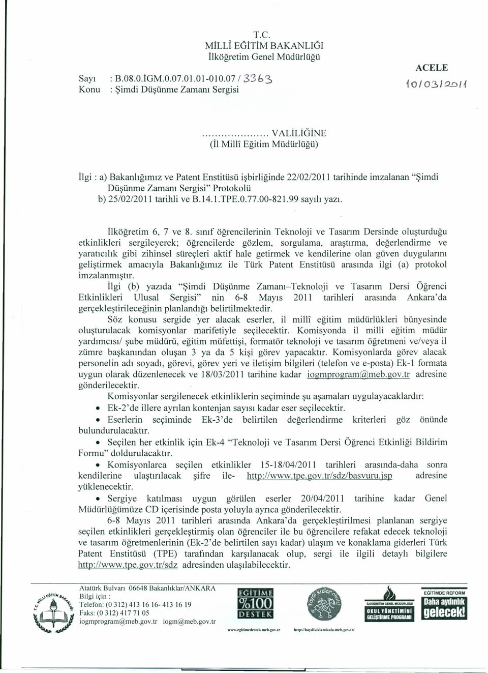 1.TPE.0.77.00-821.99 sayılı yazı. İlköğretim 6, 7 ve 8.