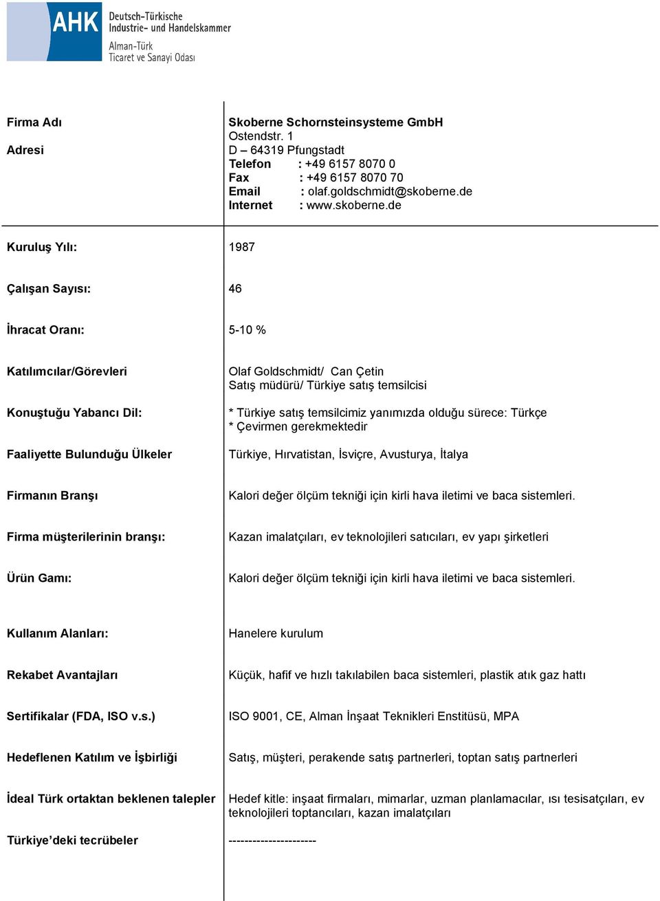 de Kuruluş Yılı: 1987 Çalışan Sayısı: 46 İhracat Oranı: 5-10 % Katılımcılar/Görevleri Konuştuğu Yabancı Dil: Faaliyette Bulunduğu Ülkeler Olaf Goldschmidt/ Can Çetin Satış müdürü/ Türkiye satış