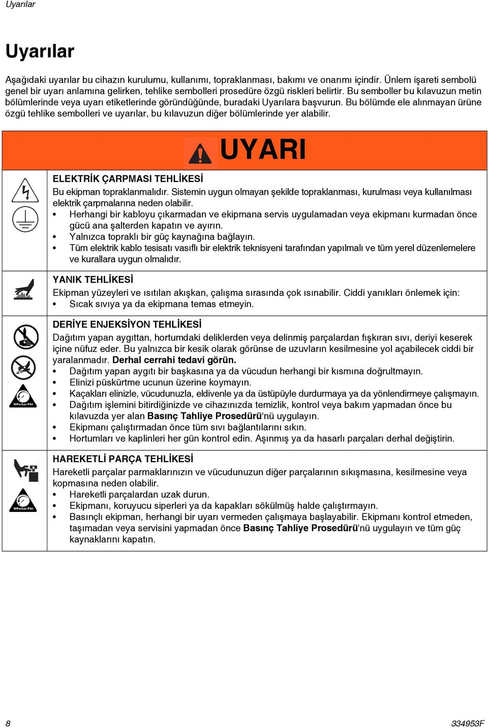 Bu semboller bu kılavuzun metin bölümlerinde veya uyarı etiketlerinde göründüğünde, buradaki Uyarılara başvurun.