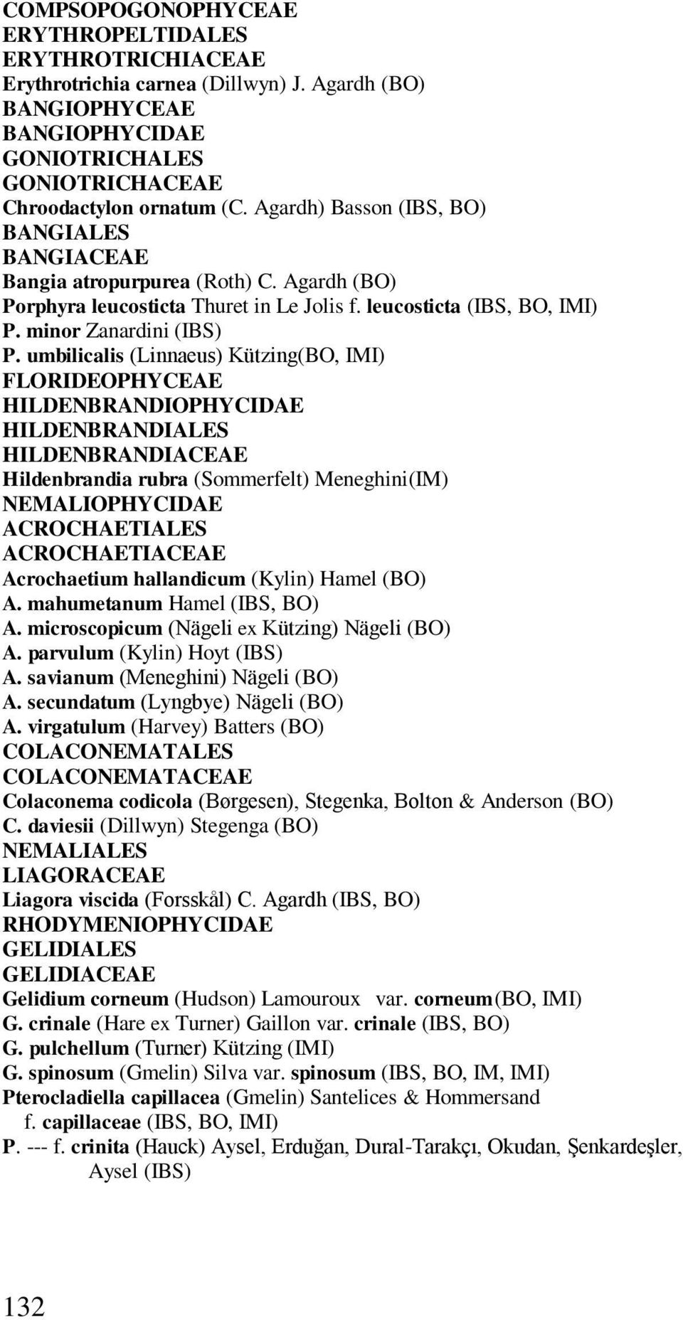 umbilicalis (Linnaeus) Kützing(BO, IMI) FLORIDEOPHYCEAE HILDENBRANDIOPHYCIDAE HILDENBRANDIALES HILDENBRANDIACEAE Hildenbrandia rubra (Sommerfelt) Meneghini(IM) NEMALIOPHYCIDAE ACROCHAETIALES