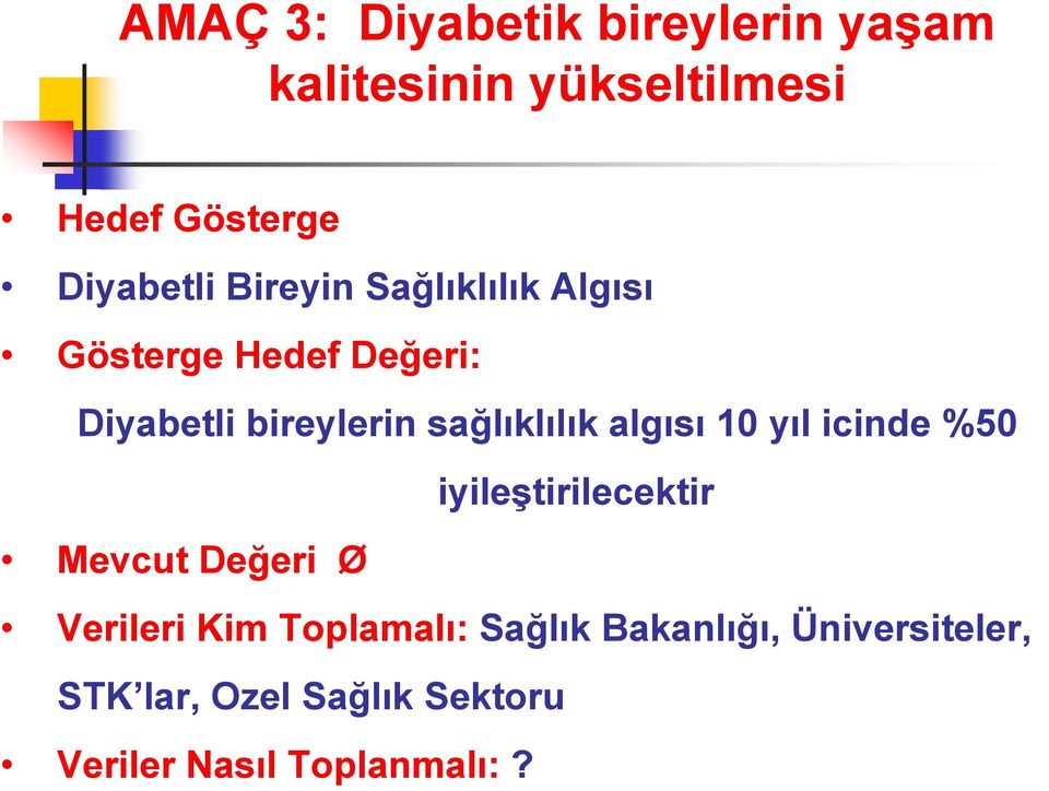 algısı 10 yıl icinde %50 iyileştirilecektir Mevcut Değeri Ø Verileri Kim Toplamalı: