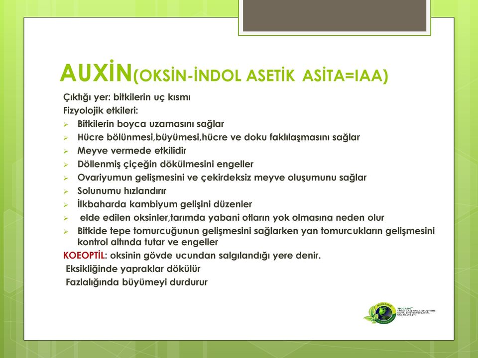 Ġlkbaharda kambiyum geliģini düzenler elde edilen oksinler,tarımda yabani otların yok olmasına neden olur Bitkide tepe tomurcuğunun geliģmesini sağlarken yan