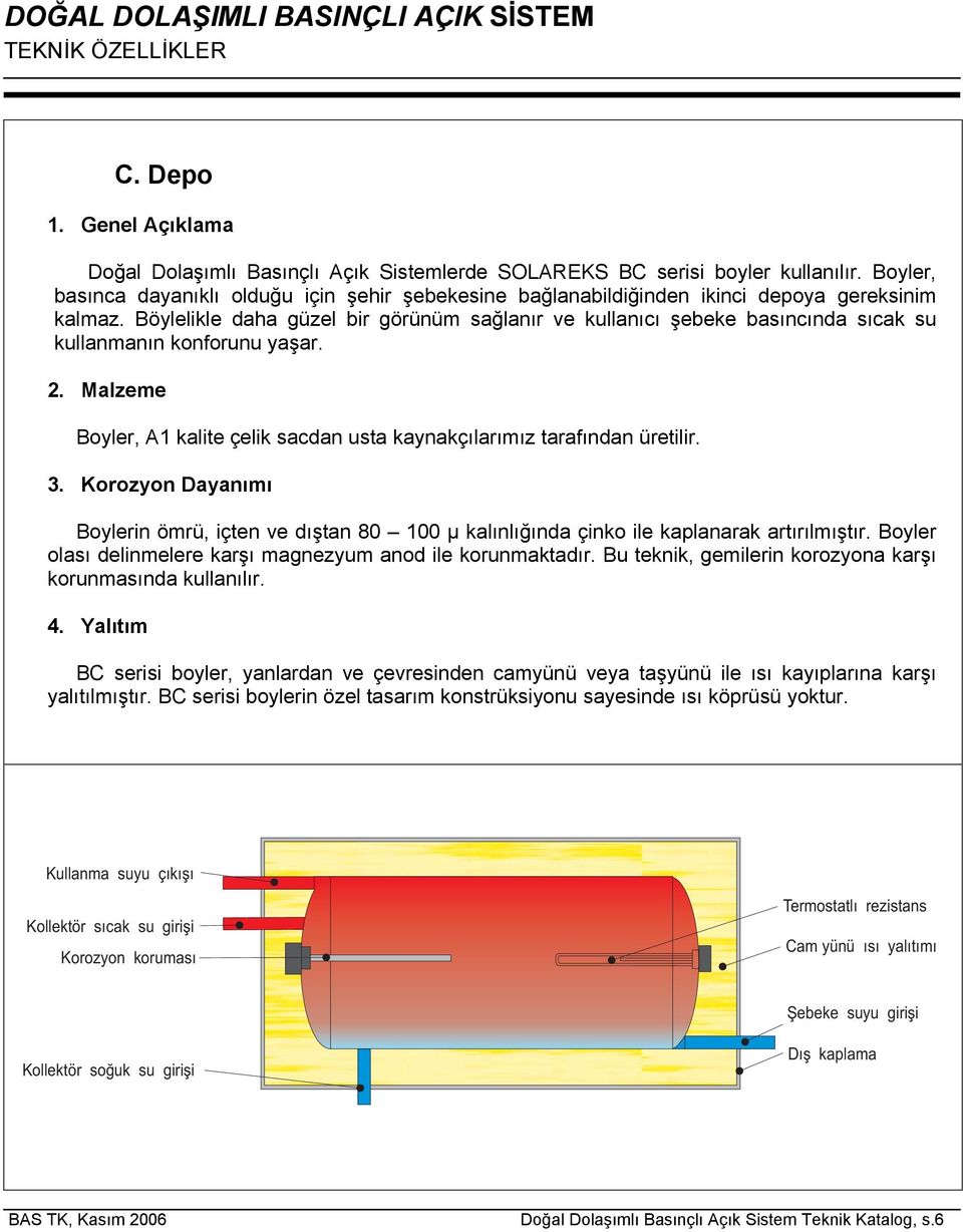 Korozyon Dayanımı Boylerin ömrü, içten ve dıştan 80 100 µ kalınlığında çinko ile kaplanarak artırılmıştır. Boyler olası delinmelere karşı magnezyum anod ile korunmaktadır.