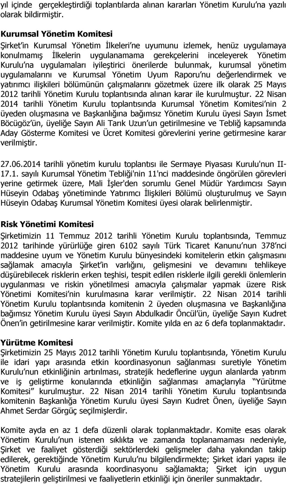 iyileştirici önerilerde bulunmak, kurumsal yönetim uygulamalarını ve Kurumsal Yönetim Uyum Raporu nu değerlendirmek ve yatırımcı ilişkileri bölümünün çalışmalarını gözetmek üzere ilk olarak 25 Mayıs