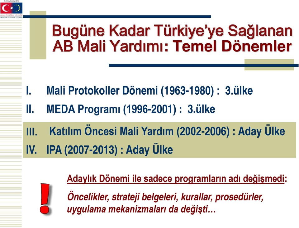 Katılım Öncesi Mali Yardım (2002-2006) : Aday Ülke IPA (2007-2013) : Aday Ülke Adaylık Dönemi