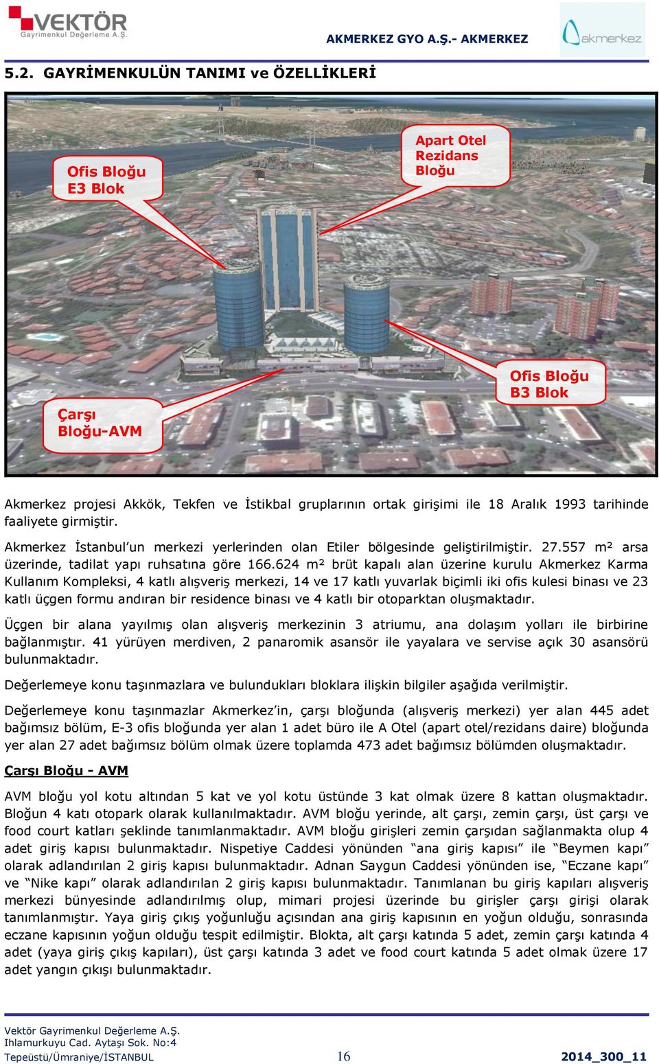 624 m² brüt kapalı alan üzerine kurulu Akmerkez Karma Kullanım Kompleksi, 4 katlı alışveriş merkezi, 14 ve 17 katlı yuvarlak biçimli iki ofis kulesi binası ve 23 katlı üçgen formu andıran bir