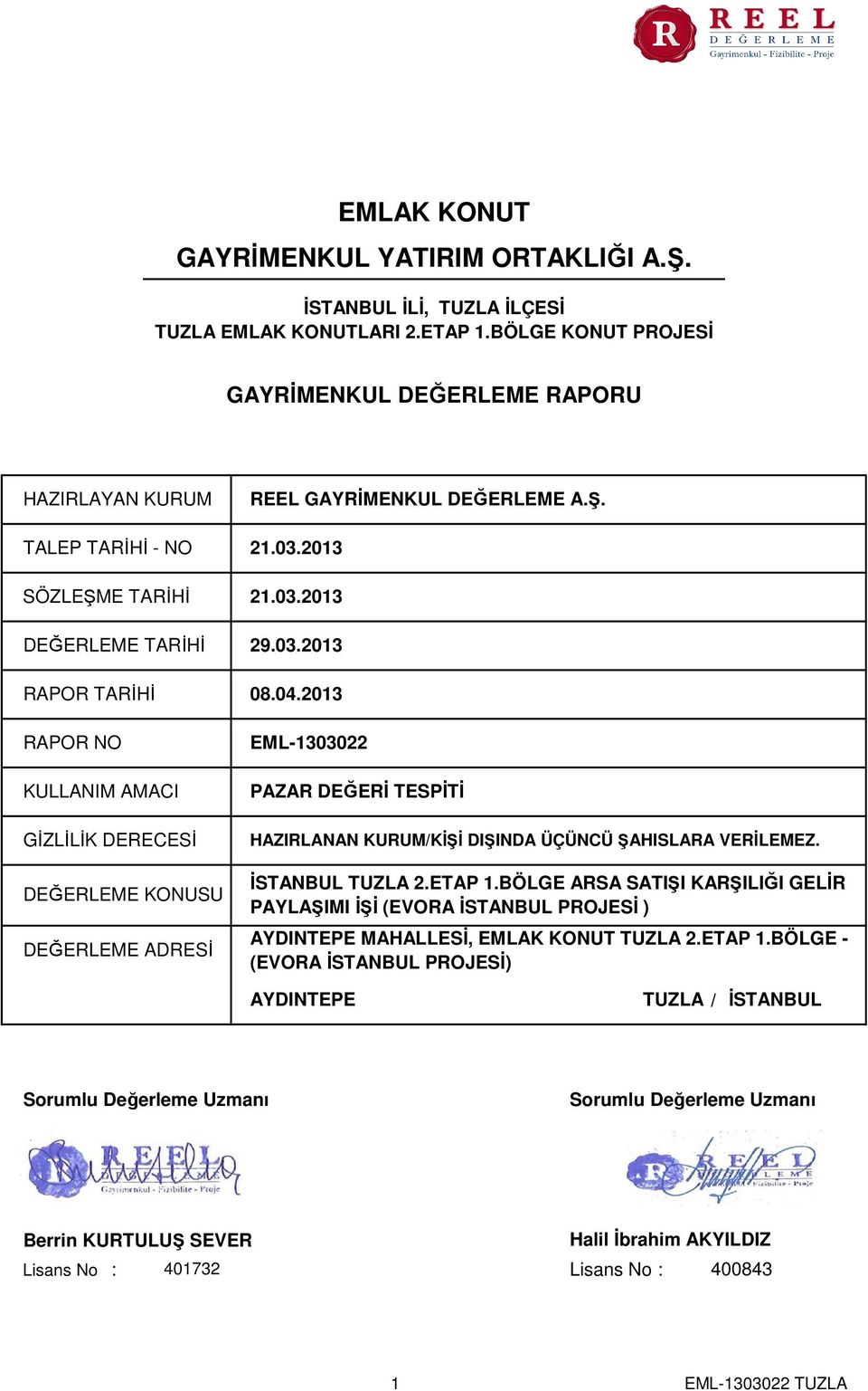 2013 SÖZLEŞME TARİHİ 21.03.2013 DEĞERLEME TARİHİ 29.03.2013 RAPOR TARİHİ RAPOR NO KULLANIM AMACI GİZLİLİK DERECESİ DEĞERLEME KONUSU DEĞERLEME ADRESİ 08.04.